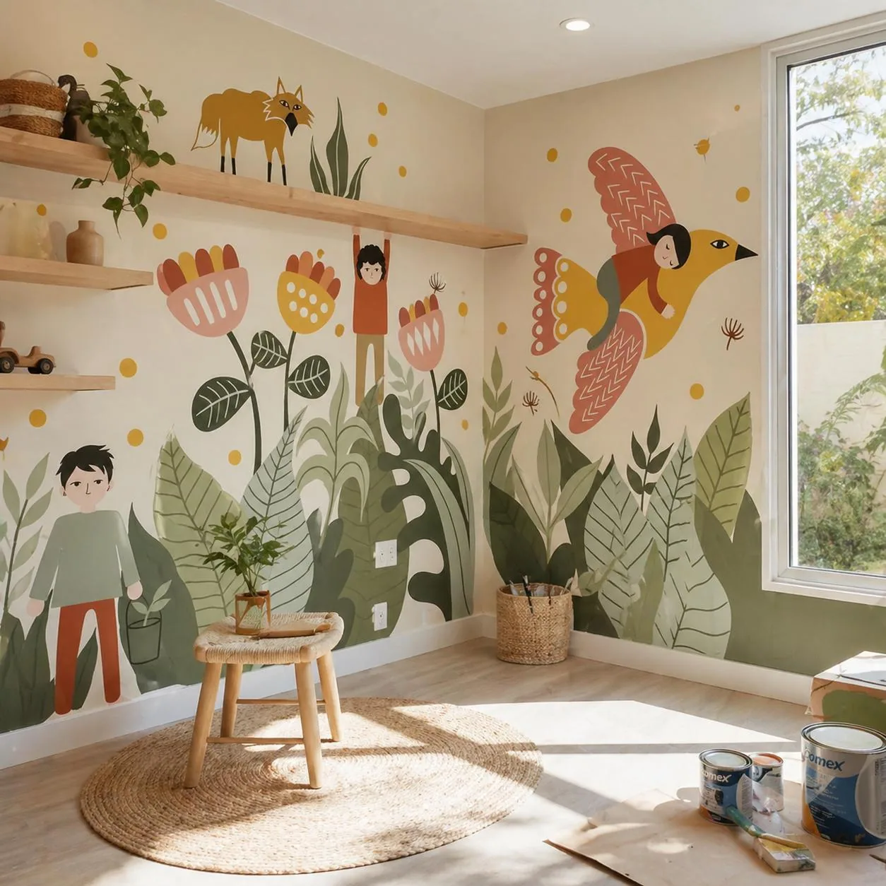 Mural infantil pintado en una habitación: plantas, flores, un pájaro y niños