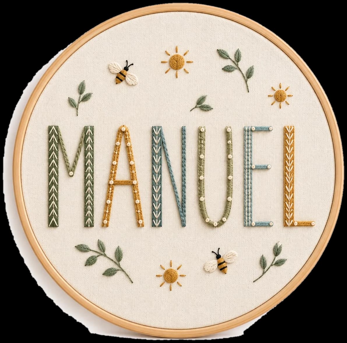 Bordado en aro con el nombre Manuel