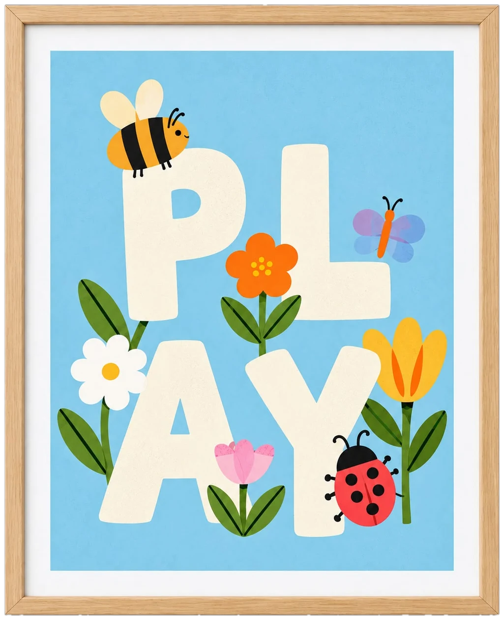 Cuadro decorativo ilustrado con la palabra Play, flores, abeja y mariquita
